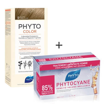 Phyto PhytoColor 9 Blond & Phytocyane ZESTAW Farba do włosów - bardzo jasny blond 50+50+12 + Ampułki przeciw wypadaniu włosów 12x7,5 ml