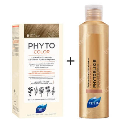 Phyto PhytoColor 9 Blond & Phytoelixir Shampoo ZESTAW Farba do włosów - bardzo jasny blond 50+50+12 + Szampon odżywczy 200 ml