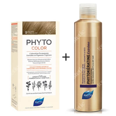 Phyto PhytoColor 9 Blond & Phytokeratine Extreme Shampoo ZESTAW Farba do włosów - bardzo jasny blond 50+50+12 + Keratynowy szampon 200 ml