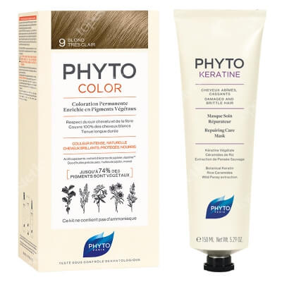 Phyto PhytoColor 9 + Phytokeratine Mask ZESTAW Farba do włosów - bardzo jasny blond 50+50+12 + Maska odbudowująca 150 ml
