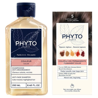 Phyto PhytoColor + Color Anti-Fade Shampoo ZESTAW Farba do włosów - jasny kasztan (5 Chatain Clair) 50+50+12 + Szampon chroniący kolor 250 ml