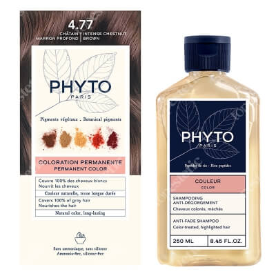 Phyto PhytoColor + Color Anti-Fade Shampoo ZESTAW Farba do włosów - kasztanowy brąz (4.77 Chatain Marron Profond) 50+50+12 + Szampon chroniący kolor 250 ml