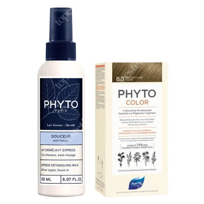 Phyto PhytoColor + Express Detangling Milk ZESTAW Farba do włosów - jasny złoty blond (8.3 Blond Clair Dore) 50+50+12 + Mleczko ułatwiające rozczesywanie 150 ml