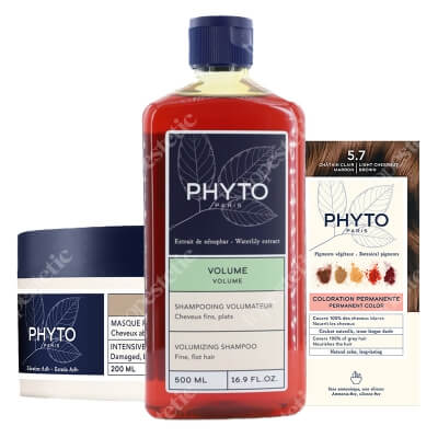 Phyto PhytoColor + Intensive Repair Mask + Volumizning Shampoo ZESTAW Farba do włosów - jasny kasztanowy brąz (5.7 Chatain Clair Marron) 50+50+12 + Maska do włosów 200 ml + Szampon 500 ml