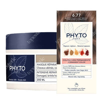 Phyto PhytoColor + Intensive Repair Mask ZESTAW Farba do włosów - jasne brązowe capuccino (6.77 Marron Clair Cappuccino) 50+50+12 + Odbudowująca maska do włosów 200 ml