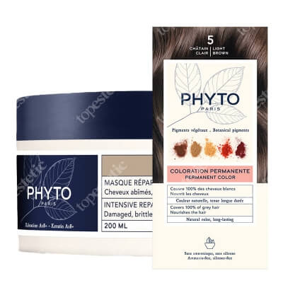 Phyto PhytoColor + Intensive Repair Mask ZESTAW Farba do włosów - jasny kasztan (5 Chatain Clair) 50+50+12 + Odbudowująca maska do włosów 200 ml