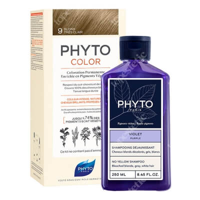 Phyto PhytoColor + No Yellow Shampoo ZESTAW Farba do włosów - bardzo jasny blond (9 Blond Tres Clair) 50+50+12 + Szampon neutralizujący żółte odcienie 250 ml