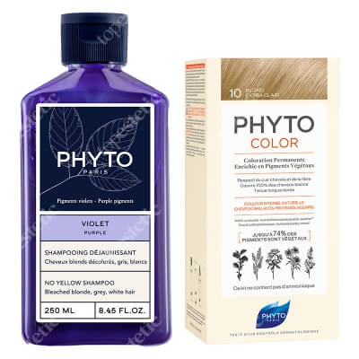 Phyto PhytoColor + No Yellow Shampoo ZESTAW Farba do włosów - ekstra jasny blond (10 Blond Extra Clair) 50+50+12 + Szampon neutralizujący żółte odcienie 250 ml