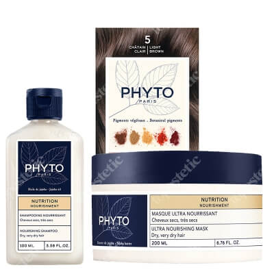 Phyto PhytoColor + Nourishing ZESTAW Farba do włosów - jasny kasztan (5 Chatain Clair) 50+50+12 + Szampon 100 ml + Regenerująca maska 200 ml