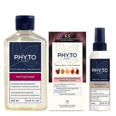 Phyto PhytoColor + Phytocyane + Heat Protection ZESTAW Farba do włosów - mahoniowy brąz 1 szt + Rewitalizujący szampon 250 ml + Spray termoochronny 150 ml