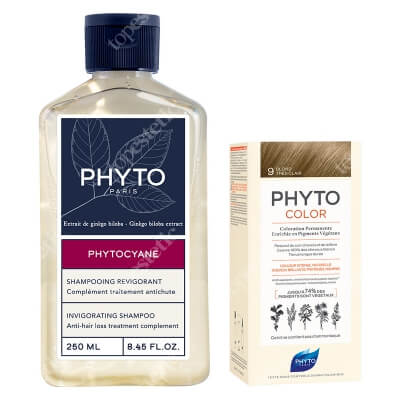 Phyto PhytoColor + Phytocyane Shampoo ZESTAW Farba do włosów - bardzo jasny blond (9 Blond Tres Clair) 50+50+12 + Rewitalizujący szampon 250 ml