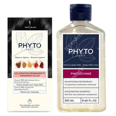 Phyto PhytoColor + Phytocyane Shampoo ZESTAW Farba do włosów - czarny (1 Noir) 50+50+12 + Rewitalizujący szampon dla kobiet 250 ml