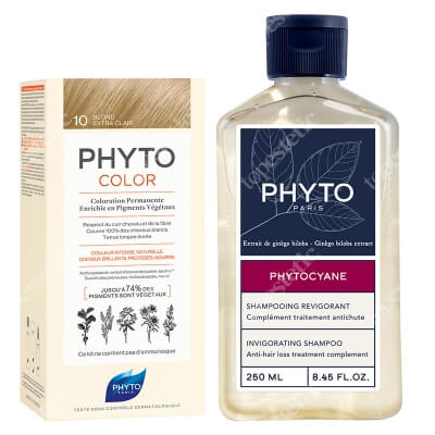 Phyto PhytoColor + Phytocyane Shampoo ZESTAW Farba do włosów - ekstra jasny blond (10 Blond Extra Clair) 50+50+12 + Rewitalizujący szampon dla kobiet 250 ml