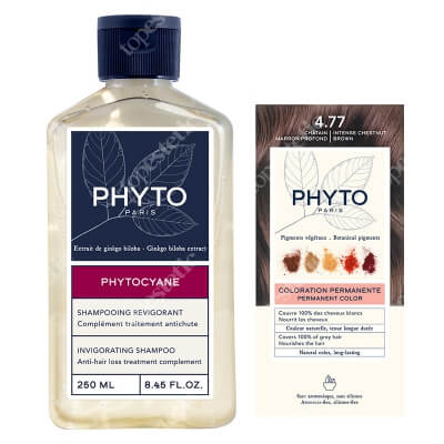 Phyto PhytoColor + Phytocyane Shampoo ZESTAW Farba do włosów - kasztanowy brąz (4.77 Chatain Marron Profond) 50+50+12 + Rewitalizujący szampon dla kobiet 250 ml