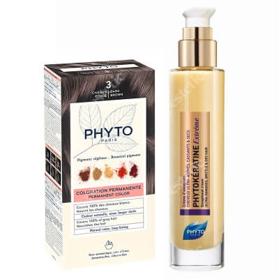 Phyto PhytoColor + Phytokeratine Extreme Cream ZESTAW Farba do włosów - ciemny kasztan (3 Chatain Fonce) 50+50+12 + Keratynowy krem odbudowujący 100 ml