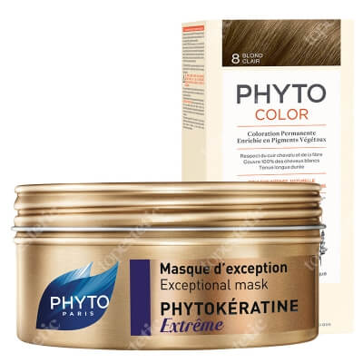 Phyto PhytoColor + Phytokeratine Extreme Mask ZESTAW Farba do włosów - jasny blond (8 Blond Clair) 50+50+12 + Keratynowa maska odbudowująca 200 ml