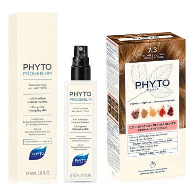 Phyto PhytoColor + Phytoprogenium Ultra-Gentle Detangling Milk ZESTAW Farba do włosów - złoty blond (7.3 Blond Dore) 50+50+12 + Ultra-delikatne mleczko ułatwiające rozczesywanie 150 ml