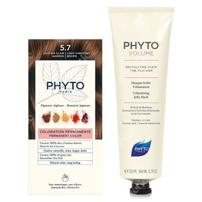 Phyto PhytoColor + Phytovolume Mask ZESTAW Farba do włosów - jasny kasztanowy brąz (5.7 Chatain Clair Marron) 50+50+12 + Maska nadająca włosom objętość 150 ml