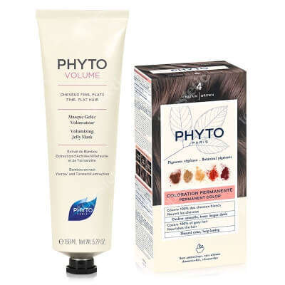 Phyto PhytoColor + Phytovolume Mask ZESTAW Farba do włosów - kasztan (4 Chatain) 50+50+12 + Maska nadająca włosom objętość 150 ml