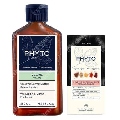 Phyto PhytoColor + Phytovolume Shampoo ZESTAW Farba do włosów - czarny (1 Noir) 50+50+12 + Szampon zwiększający objętość włosów 250 ml
