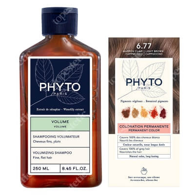 Phyto PhytoColor + Phytovolume Shampoo ZESTAW Farba do włosów - jasne brązowe capuccino (6.77 Marron Clair Cappuccino) 50+50+12 + Szampon zwiększający objętość włosów 250 ml