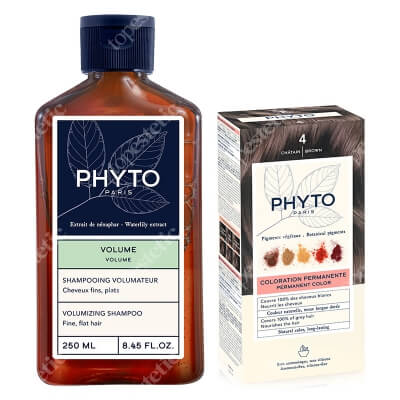 Phyto PhytoColor + Phytovolume Shampoo ZESTAW Farba do włosów - kasztan (4 Chatain) 50+50+12 + Szampon zwiększający objętość włosów 250 ml