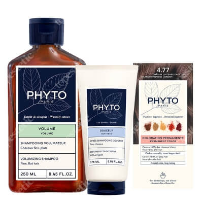 Phyto PhytoColor + Phytovolume + Softness ZESTAW Farba do włosów - kasztanowy brąz (4.77 Chatain Marron Profond) 50+50+12 + Szampon 250 ml + Odżywka 175 ml