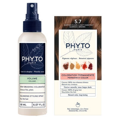 Phyto PhytoColor + Phytovolume Spray ZESTAW Farba do włosów - jasny kasztanowy brąz (5.7 Chatain Clair Marron) 50+50+12 + Spray zwiększający objętość 150 ml