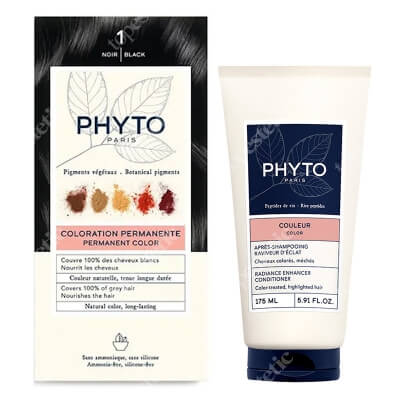 Phyto PhytoColor + Radiance Enhancer Conditioner ZESTAW Farba do włosów - czarny (1 Noir) 50+50+12 + Odżywka wzmacniająca blask 175 ml