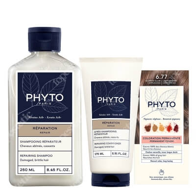 Phyto PhytoColor + Repair ZESTAW Farba do włosów - jasne brązowe capuccino (6.77 Marron Clair Cappuccino) 50+50+12 + Szampon 250 ml + Odżywka 175 ml