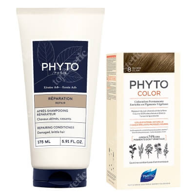 Phyto PhytoColor + Repairing Conditioner ZESTAW Farba do włosów - jasny blond (8 Blond Clair) 50+50+12 + Odbudowująca odżywka do włosów 175 ml