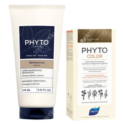 Phyto PhytoColor + Repairing Conditioner ZESTAW Farba do włosów - jasny złoty blond (8.3 Blond Clair Dore) 50+50+12 + Odbudowująca odżywka do włosów 175 ml