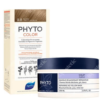 Phyto PhytoColor + Repairing No Yellow Mask ZESTAW Farba do włosów - bardzo jasny beżowy blond (9.8 Blond Tres Clair Beige) 50+50+12 + Maska neutralizująca żółte odcienie 200 ml