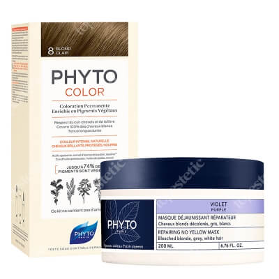 Phyto PhytoColor + Repairing No Yellow Mask ZESTAW Farba do włosów - jasny blond (8 Blond Clair) 50+50+12 + Maska neutralizująca żółte odcienie 200 ml