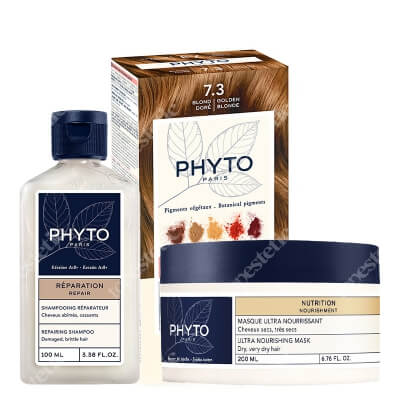 Phyto PhytoColor + Repairing + Nourishing ZESTAW Farba do włosów - złoty blond (7.3 Blond Dore) 50+50+12 + Szampon odbudowujący 100 ml + Regenerująca maska 200 ml