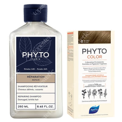 Phyto PhytoColor + Repairing Shampoo ZESTAW Farba do włosów - jasny blond (8 Blond Clair) 50+50+12 + Szampon odbudowujący 250 ml