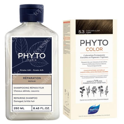 Phyto PhytoColor + Repairing Shampoo ZESTAW Farba do włosów - jasny złoty kasztan (5.3 Chatain Clair Dore) 50+50+12 + Szampon odbudowujący 250 ml
