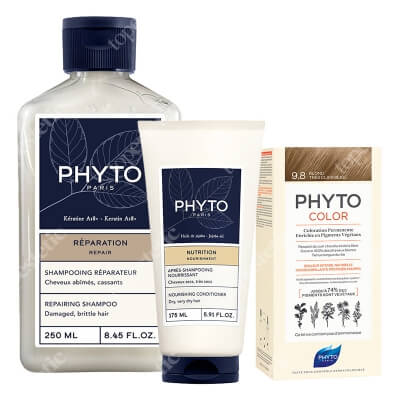 Phyto PhytoColor + Repairing ZESTAW Farba do włosów - bardzo jasny beżowy blond (9.8 Blond Tres Clair Beige) 50+50+12 + Regenerująca odżywka do włosów 175 ml + Szampon o