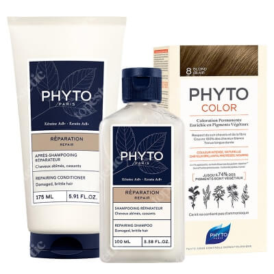 Phyto PhytoColor + Repairing ZESTAW Farba do włosów - jasny blond (8 Blond Clair) 50+50+12 + Szampon odbudowujący 100 ml + Odbudowująca odżywka do włosów 175 ml