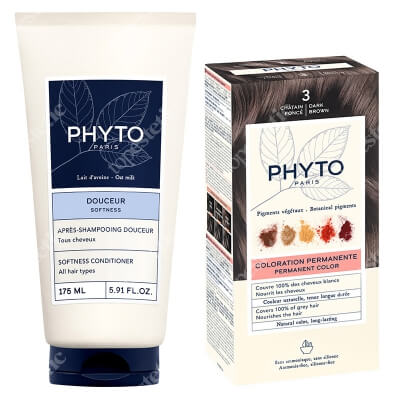 Phyto PhytoColor + Softness Conditioner ZESTAW Farba do włosów - ciemny kasztan (3 Chatain Fonce) 50+50+12 + Odżywka do włosów ułatwiająca rozczesywanie 175 ml