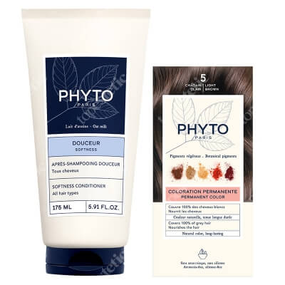 Phyto PhytoColor + Softness Conditioner ZESTAW Farba do włosów - jasny kasztan (5 Chatain Clair) 50+50+12 + Odżywka do włosów ułatwiająca rozczesywanie 175 ml