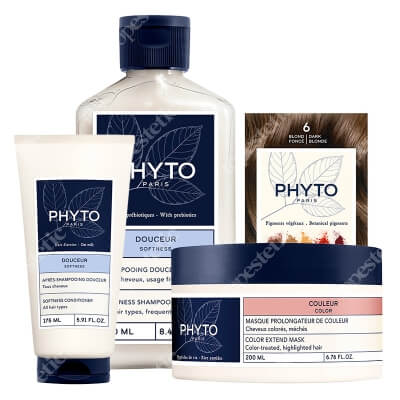 Phyto PhytoColor + Softness Hair ZESTAW Farba do włosów - ciemny blond 50+50+12 + Szampon 250 ml + Odżywka 175 ml + Maska 200 ml