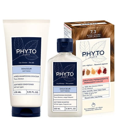 Phyto PhytoColor + Softness Hair ZESTAW Farba do włosów - złoty blond (kolor 7.3 Blond Dore) 1 szt + Szampon 100 ml + Odżywka 175 ml