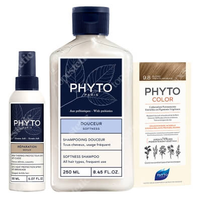 Phyto PhytoColor + Softness + Heat Protection ZESTAW Farba do włosów (9.8 Blond Tres Clair Beige) 50+50+12 + Szampon 250 ml + Spray termoochronny 150 ml