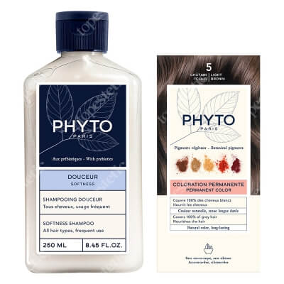 Phyto PhytoColor + Softness Shampoo ZESTAW Farba do włosów - jasny kasztan (5 Chatain Clair) 50+50+12 + Delikatny szampon 250 ml