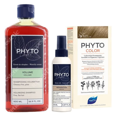 Phyto PhytoColor + Volumizing + Heat Protection ZESTAW Farba do włosów - bardzo jasny blond (9 Blond Tres Clair) 50+50+12 + Szampon 500 ml + Spray termoochronny 150 ml