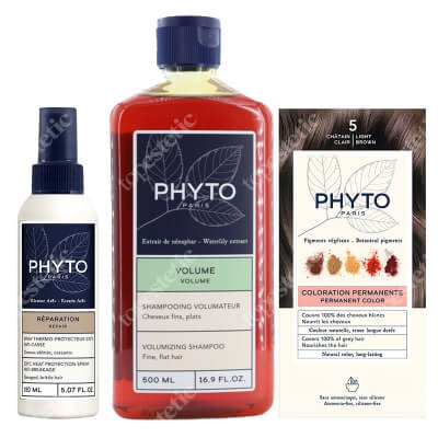 Phyto PhytoColor + Volumizing + Heat Protection ZESTAW Farba do włosów - jasny kasztan (5 Chatain Clair) 50+50+12 + Szampon zwiększający objętość włosów 500 ml + Spray termoochronny 150