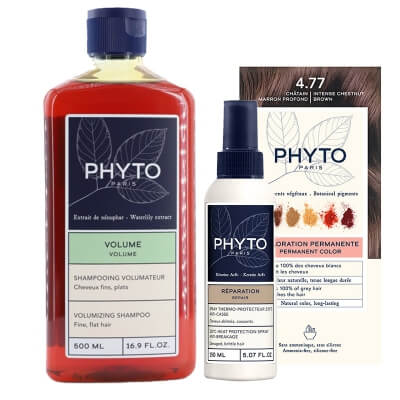 Phyto PhytoColor + Volumizing + Heat Protection ZESTAW Farba do włosów - kasztanowy brąz (kolor 4.77 Chatain Marron Profond) 1 szt + Szampon zwiększający objętość włosów 500 ml + Spray