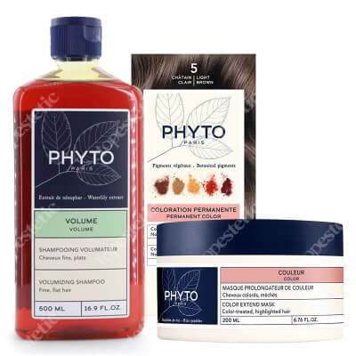 Phyto PhytoColor + Volumizing ZESTAW Farba do włosów - jasny kasztan 50+50+12 + Szampon 500 ml + Maska 200 ml