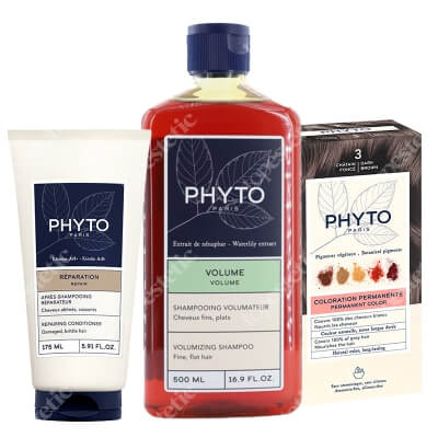 Phyto PhytoColor + Volumizning Shampoo + Repairing Conditioner ZESTAW Farba do włosów (3 Chatain Fonce) 50+50+12 + Szampon 500 ml + Odbudowująca odżywka 175 ml